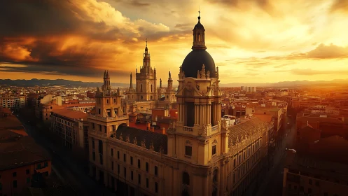 Baroque city cathedral dominates sunset skyline in warm tonality