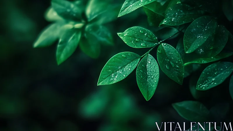 Rain-kissed emerald leaves in a deep forest hush glow.