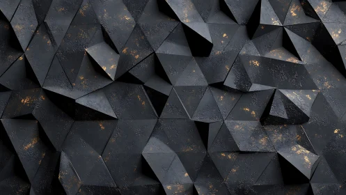 Dark geometric wall shows faceted polygons with metallic wear