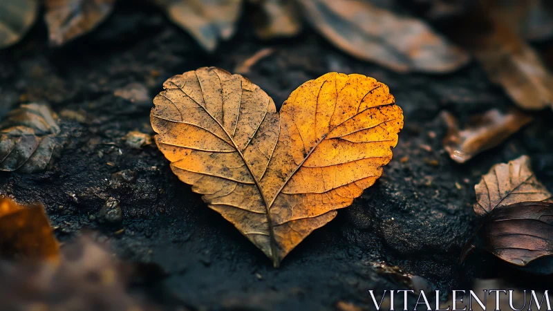 Golden heart leaf rests on dark forest floor soil.