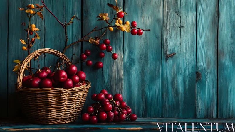Ruby crabapples lean into a teal-wood daydream still life