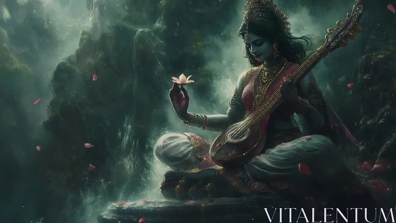 Forest goddess of strings cradles lotus and drifting petals.