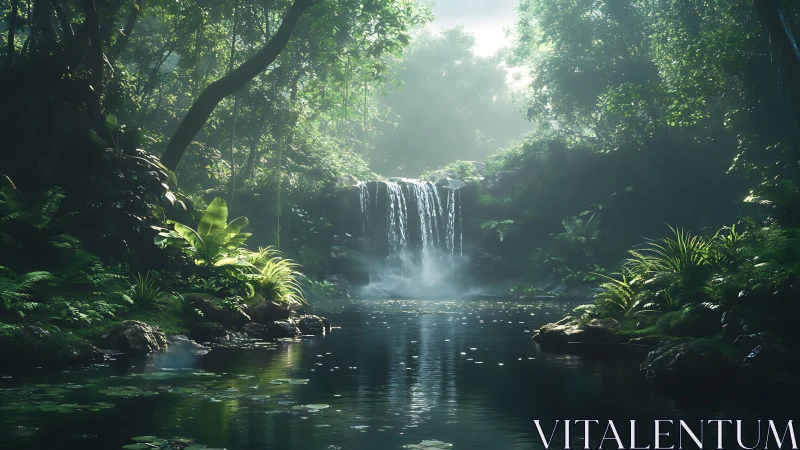 Tropical waterfall cascades through dense forest canopy with pool