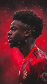 Footballer profile emerges in glowing red stadium haze.