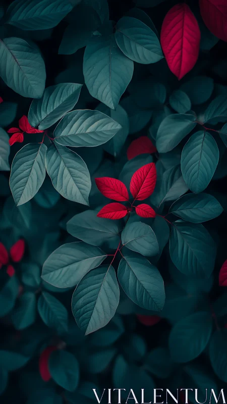 Red leaves contrasted against dark teal foliage background.