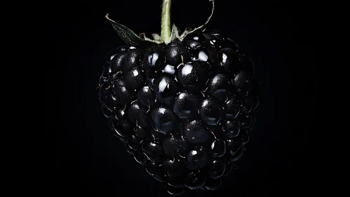 Close-up view of single blackberry on black background.