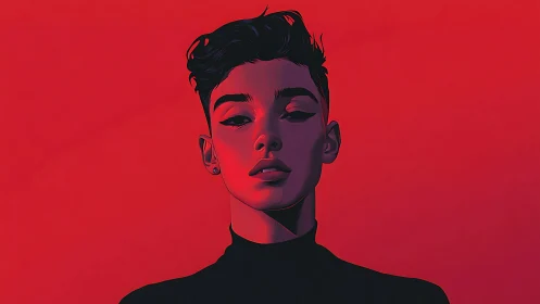Crimson-lit stylized portrait with bold minimalist framing.