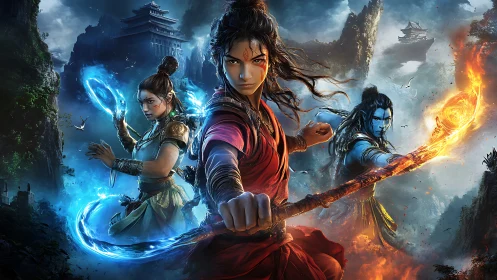 Elemental warriors channel fire and water in a mountain duel