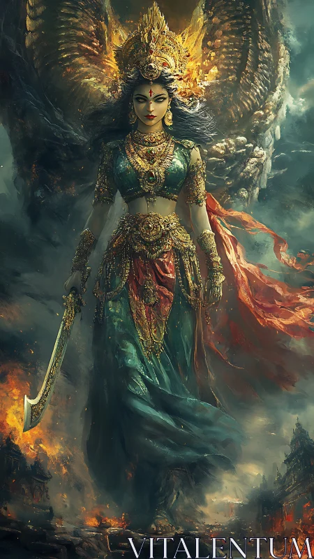 Armored female deity figure in burning mythic landscape.