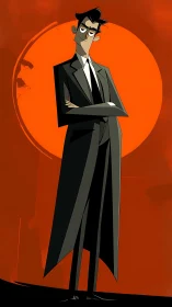 Tall suited man in stylized pose before bold red circle.