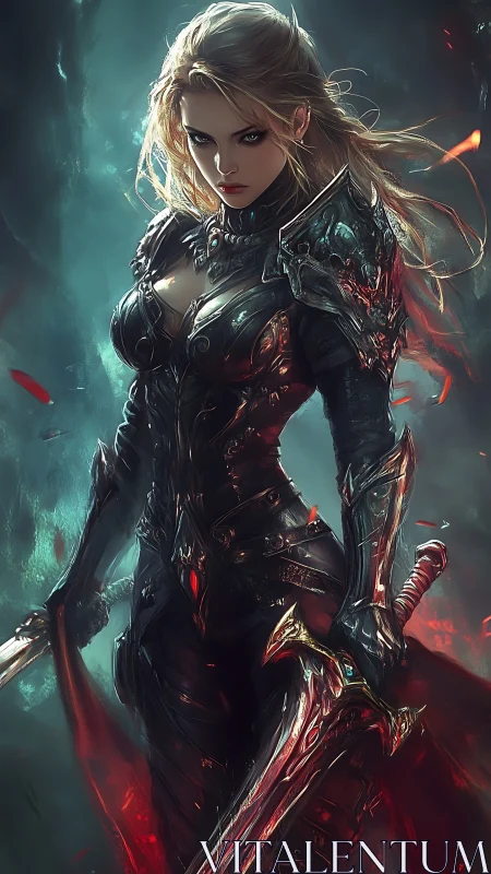 Fierce warrior queen strides through ember lit battlefield