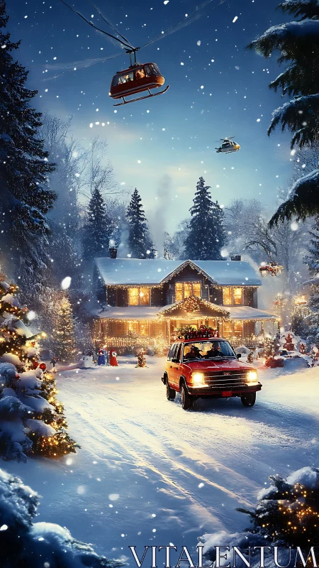 Snow-covered suburban house with car and cable gondolas.