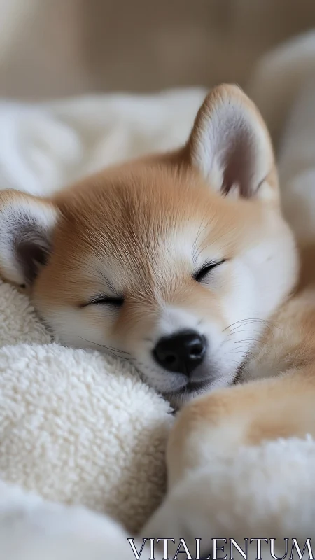 Shiba inu puppy sleeps in soft cream textiles, shallow focus.