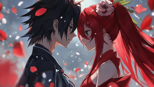 Tender anime couple sharing a quiet moment of falling petals.