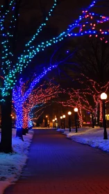 Colorful winter walkway glowing with festive tree lights.