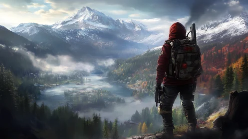 Lone wanderer weighs a frosted valley stitched with quiet lakes