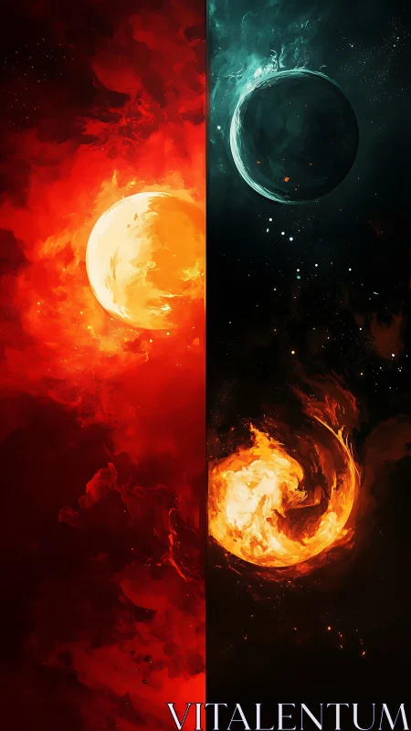 Split cosmic artwork showing fiery and shadowed planets.