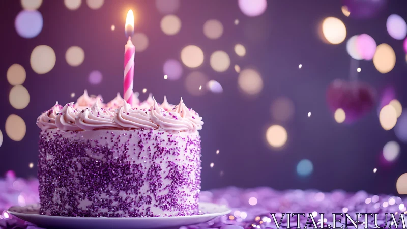 Purple Glitter Birthday Cake with Lit Candle.