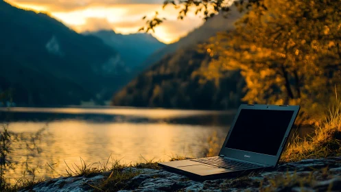 Open laptop rests lakeside under warm sunset backlighting