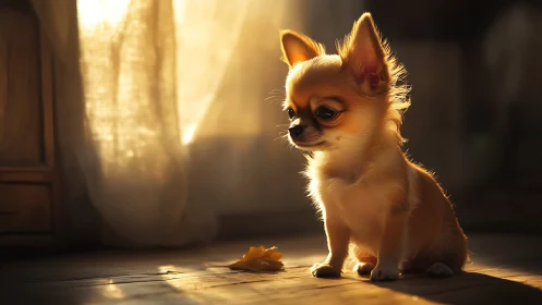 Tiny chihuahua puppy glows in warm golden window light.