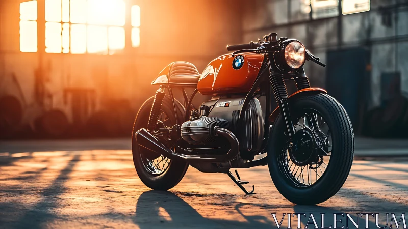 Vintage orange BMW cafe racer glows in warm warehouse light