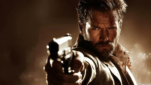 Bearded male subject aiming handgun toward camera lens.