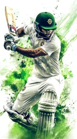Dynamic digital painting of cricket batsman in mid-drive motion.