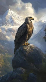 Golden eagle on mountain rock against snow-covered peaks.