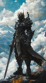 Dark armored knight overlooking vast sunlit cloudscape.
