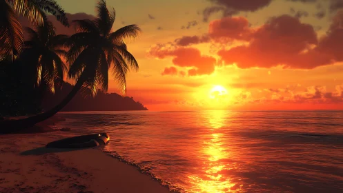 Tropical beach sunset with palm silhouettes and molten sea glow.