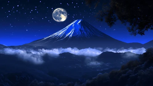 Moonlit mountain peak over misty blue valley at night.