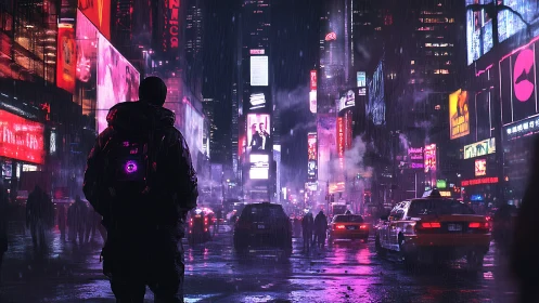 Solitary hooded figure in neon rain-soaked cyberpunk avenue