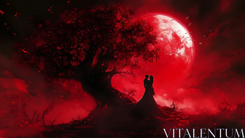 Silhouetted Figures Under Crimson Lunar Sphere with Baroque Arboreal Silhouette