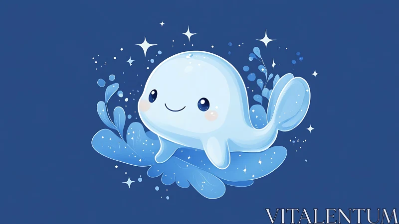 Kawaii blue whale illustration with glowing water effects.