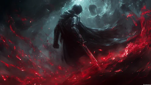 Dark warrior amid crimson storm in ethereal voidscape.