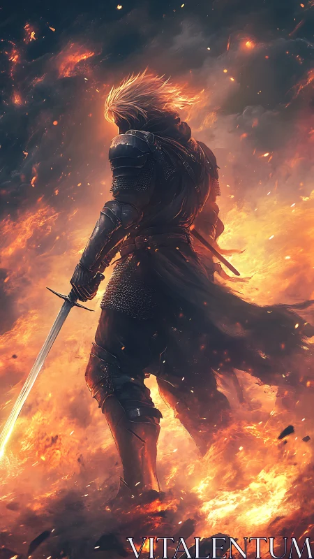 Armored warrior stands in burning battlefield with sword drawn