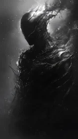 Dark humanoid silhouette dissolves into abstract liquid forms