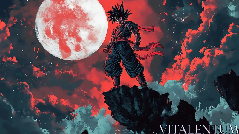 Warrior silhouette confronts blood moon above storm clouds