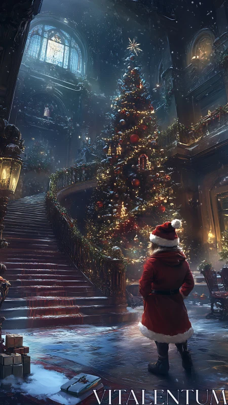 Child in Santa coat gazes at grand enchanted Christmas tree