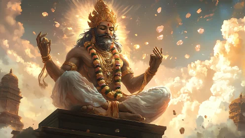 Radiant deity meditates above temple clouds in warm light.