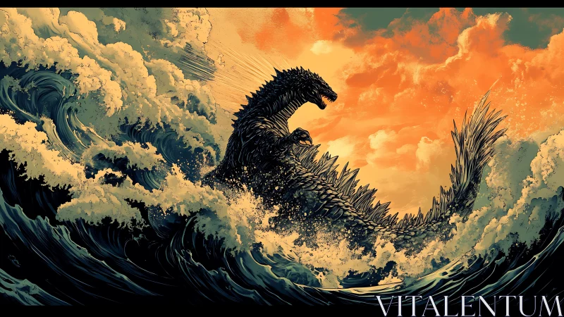 Sea-born titan thrashes through molten sunset storm waves