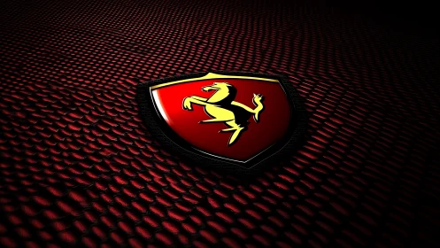Ferrari shield logo on red textured surface in shadowed light.