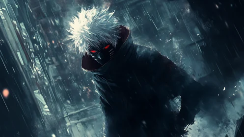 Mysterious white haired warrior glowing in the rain soaked night.