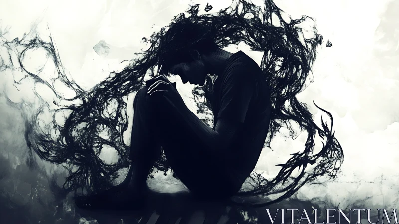 Dark silhouette consumed by swirling inked despair.