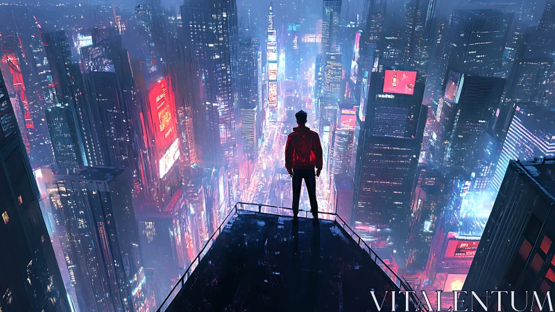 Solitary silhouette on neon-soaked megacity rooftop at night