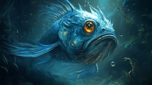 Bioluminescent deep sea fish portrait with glowing amber eye
