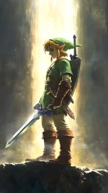 Fantasy swordsman in green tunic under vertical light beam.