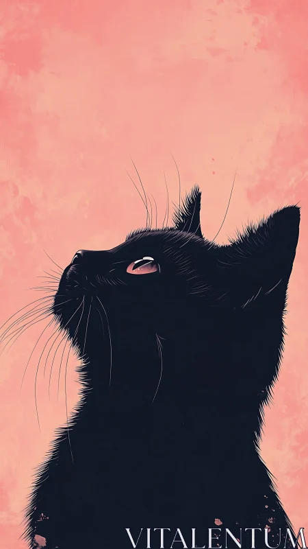 Black cat silhouette with pink eye gazing upward against coral background