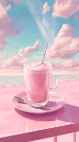 Strawberry latte rests under dreamy pink and turquoise sky