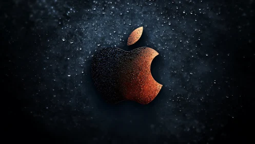 Metallic droplet-coated apple emblem in low-key illumination.